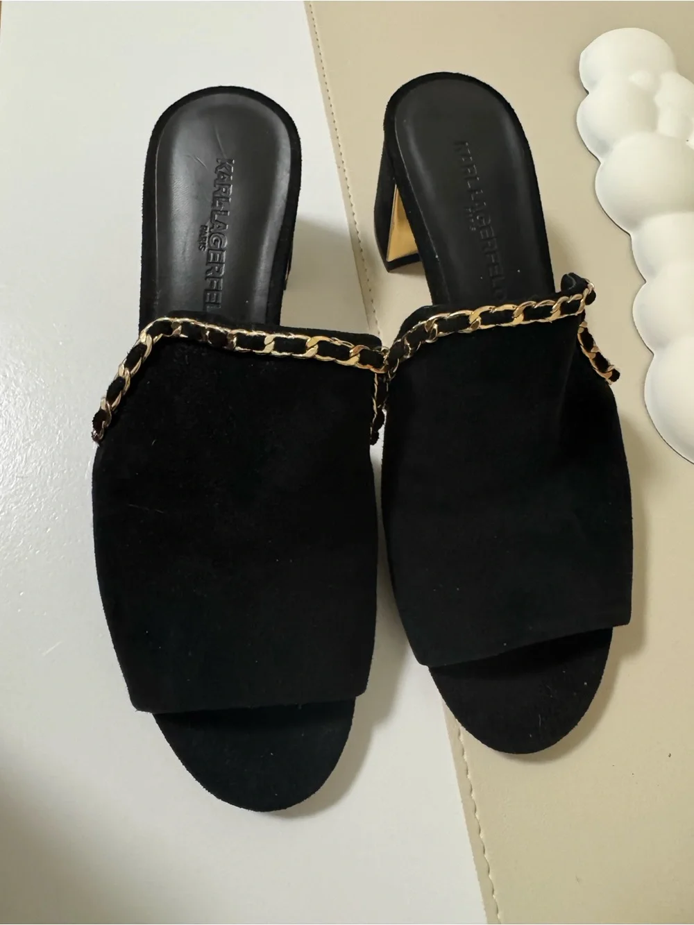 Karl Lagerfeld Black Suede Slide Sandals with Gold Chain